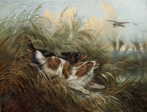 Two Spaniels Chasing A Mallard by George Armfield