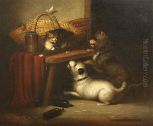 Interior With Dogs Chasing A Cat