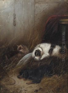 Terriers In An Interior; Terriers Sleeping In A Barn (pair) by George Armfield
