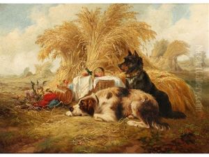 Dogs At Rest Beside A Picnic Basket In A Field At Harvest Time by George Armfield