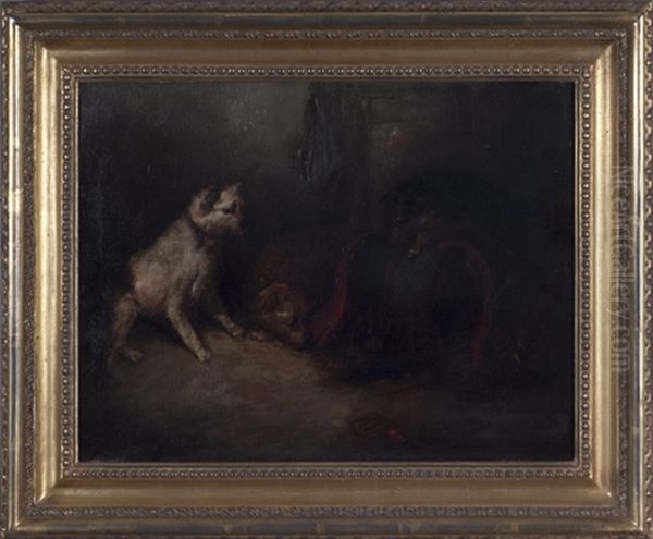 Three Terriers Rattin In A Barn With Green Barrel - view 1