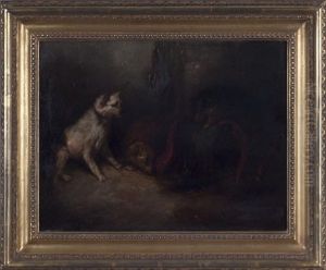 Three Terriers Rattin In A Barn With Green Barrel by George Armfield