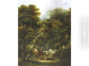 A Sportsman With His Dogs, By A Stile, A Wood Beyond