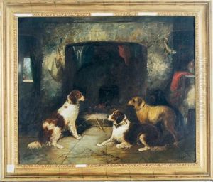 Dogs In An Interior Resting By The Fireplace by George Armfield
