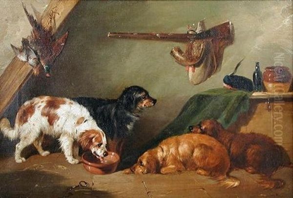 Four Spaniels In A Gun Room, With Guns, Powder Horns, And Dead Game On A Hook - view 1