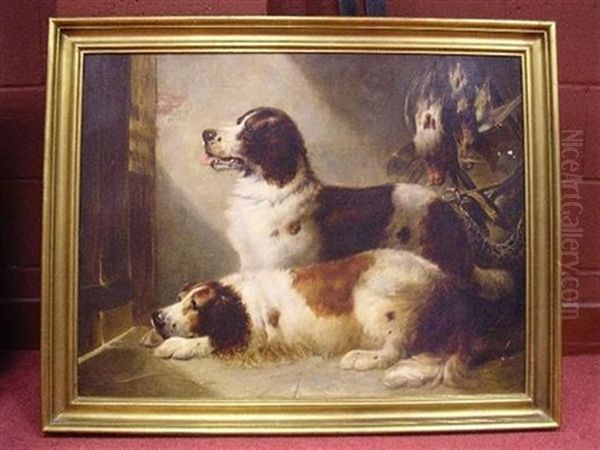 Springer Spaniels Waiting By A Door, With Woodcock And Other Game Hanging From A Hook - view 1
