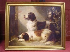 Springer Spaniels Waiting By A Door, With Woodcock And Other Game Hanging From A Hook by George Armfield
