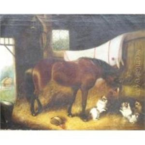 Terriers Playing Near A Horse In The Barn