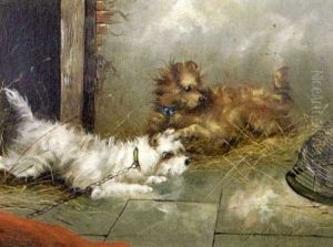Terriers On A Leash, With A Ferret In A Cage Terriers On A Leash, With A Ferret In A Cage