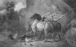 Farmyard Scene With Horses And Chickens by George Armfield