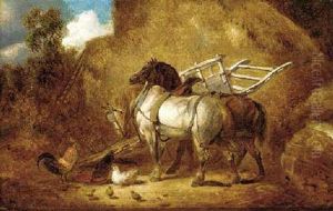 Carthorses In A Farmyard by George Armfield