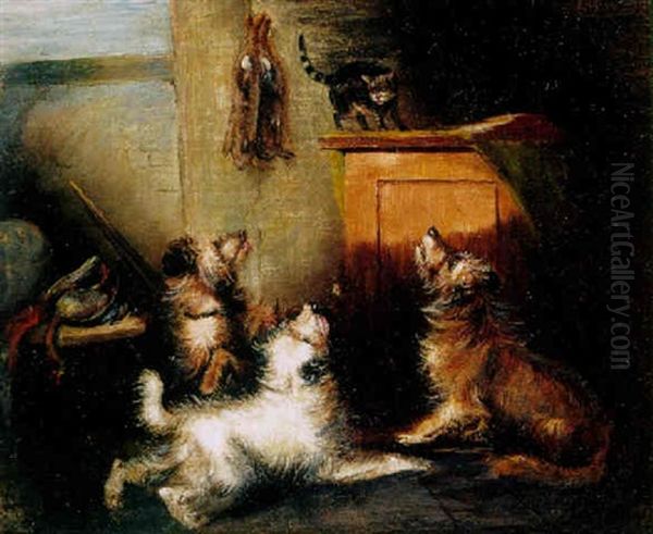 Three Dogs And A Cat In A Cottage Interior - view 1