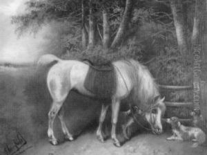 Schimmel Mit Drei Hunden Vor Einem Gatter Am Waldrand by George Armfield