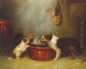 A Spaniel With Terriers At A Trough In A Barn by George Armfield