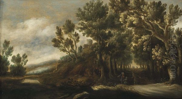A Wooded Landscape With Figures On A Path, A Castle Beyond - view 1