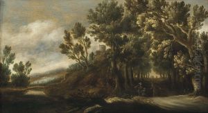 A Wooded Landscape With Figures On A Path, A Castle Beyond by Lucas Achtschellinck