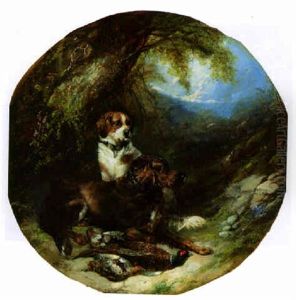 Setters With Pheasant And Partridge And Fox by George Armfield