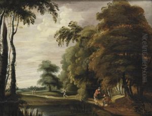 A Wooded Landscape With Travellers On A Track Near A Pond by Lucas Achtschellinck