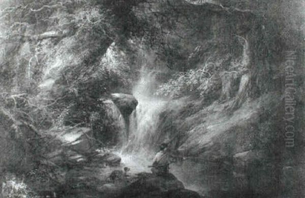 Angler With His Dog In A Wooded River Landscape - view 1