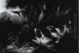 Spainiels Flushing A Pheasant In A Wooded Landscape