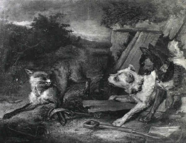 Terriers Approaching A Fox Caught In A Trap - view 1