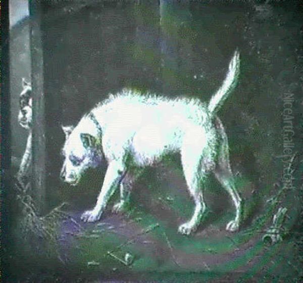 A Terrier In A Kennel, With Another Behind An Open Door & Terriers Fighting - view 1