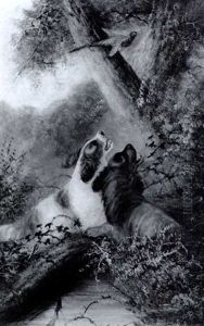 Two Spaniels Flushing A Phesant In A Wooded Landscape by George Armfield