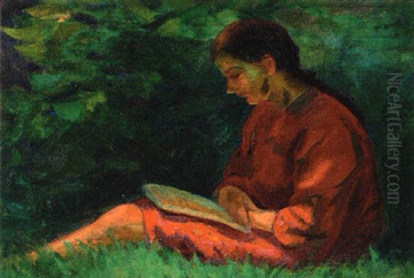 Femme A La Robe Rouge Dans Un Jardin - view 1