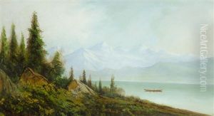 Sierra Nevada Mountains With Lake And Native Americans In A Canoe