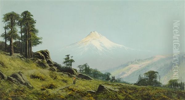Mount Shasta From The East With A Native American Woman On A Path And Two Teepees In The Middle Ground - view 1