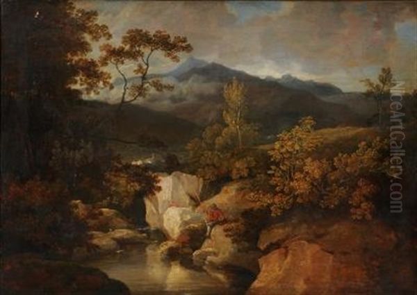 An Upland Landscape, Fisherman By A Rocky Stream In The Foreground, Buildings In The Middle Distance, Hills Beyond - view 1