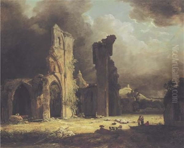 The Ruins Of Glastonbury Abbey, With Figures And Livestock In The Foreground, And Glastonbury Tor Beyond by George Arnald