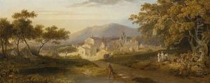 View Of A Town, With An Angler By A Stream And Figures In The Foreground, In A Wooded Landscape