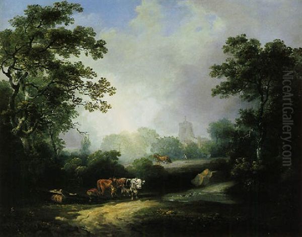 Plough Team In A Wooded Clearing, A Village Church Beyond - view 1