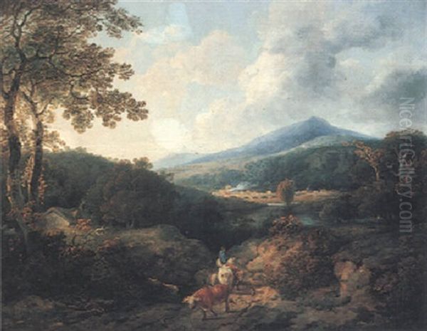 Mountainous Landscape With Farmer And Cattle On A Path - view 1