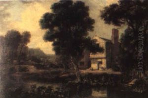 River Landscape With A Woman Washing Clothes Near A Cottage by George Arnald