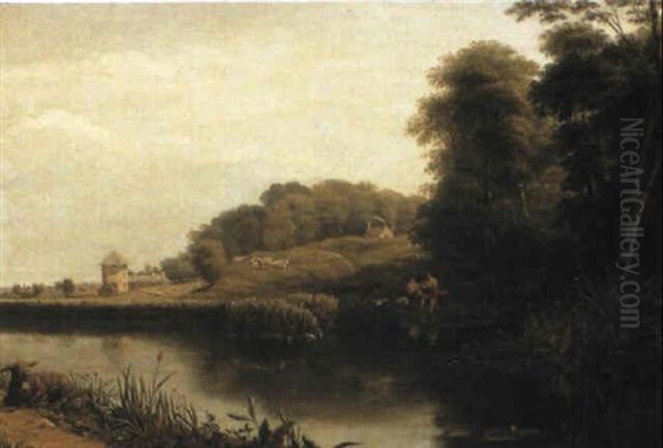 A River Landscape With Bathers, Cattle, Sheep And A Donkey - view 1