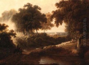Landscape At Sunset With Drovers And Sheep On A Path