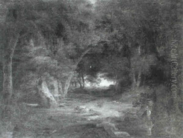 Wooded Landscape With Shepherds By A Pool - view 1