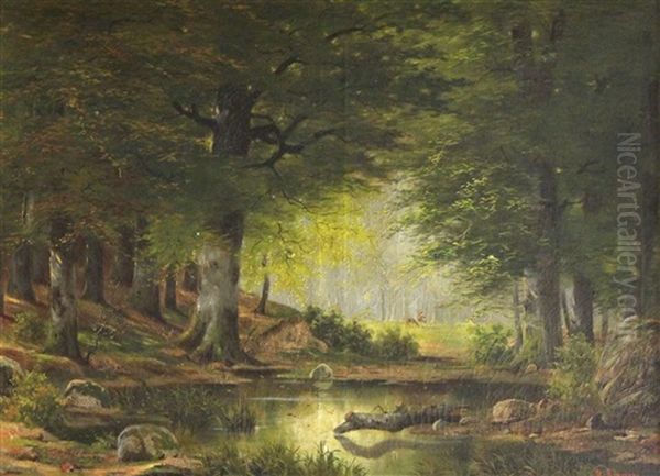 See Im Wald, Im Hintergrund Eine Lichtung Mit Zwei Rehen - view 1