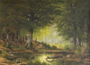 See Im Wald, Im Hintergrund Eine Lichtung Mit Zwei Rehen by Alwin Arnegger