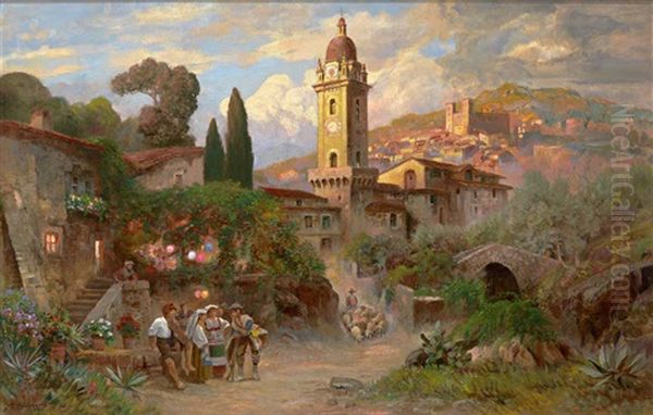 Malerisches Italienisches Kirchdorf Mit Figurenstaffage Und Schafherde - view 1