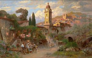 Malerisches Italienisches Kirchdorf Mit Figurenstaffage Und Schafherde by Alwin Arnegger
