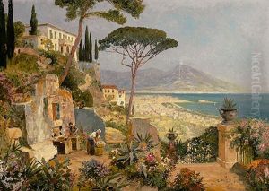 Blick Von Der Hohe Auf Neapel Und Den Rauchenden Vesuv An Einem Prachtvollen Sonnigen Fruhlingstag Mit Bluhenden Buschen Und Wascherinnen Am Brunnen by Alwin Arnegger