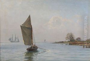 Seascape With Sailing Ships And A Dinghy Near The Coast by Vilhelm Karl Ferdinand Arnesen