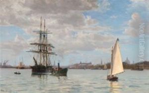 View From The Port Of Copenhagen With Sailing Ships And Boats by Vilhelm Karl Ferdinand Arnesen