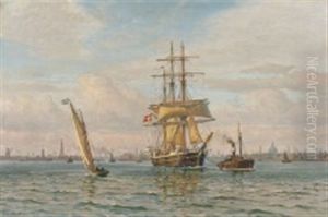 A Sailing Ship Being Towed Out Of Copenhagen Harbour by Vilhelm Karl Ferdinand Arnesen