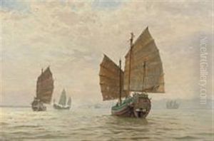 Marine With Several Chinese Junks At Sea by Vilhelm Karl Ferdinand Arnesen