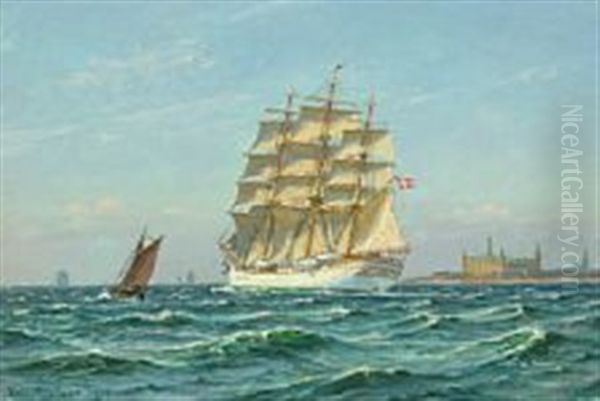 The Danish Training Ship Danmark Off The Coast Of Elsinore Castle - view 1