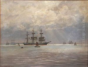 Seascape With Sailing Ships On Open Sea by Vilhelm Karl Ferdinand Arnesen